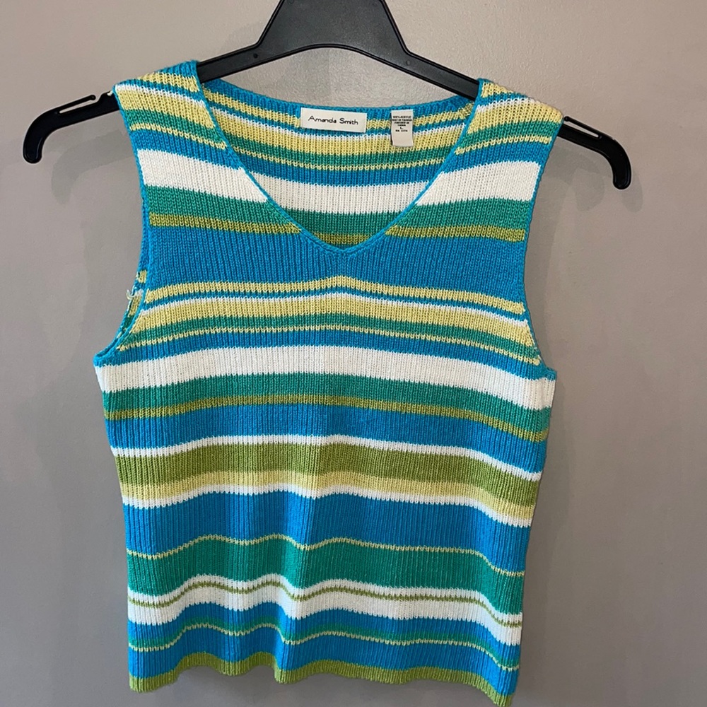 Amanda Smith Teal, Blue & White Striped V-Neck Knit Tank size large